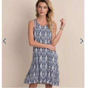 Hatley M Meghan Block Medallion Navy White Red Trapeze Dress with flower medall…